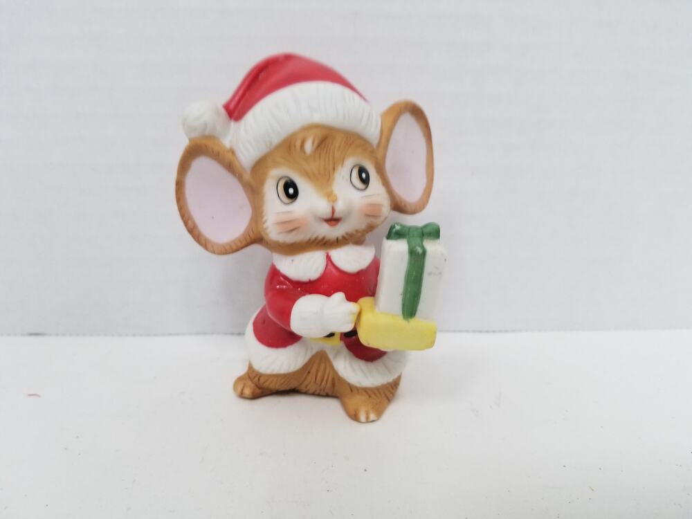 VTG Homco 4” Ceramic Figurine Santa Claus Christmas Mouse With Present